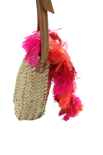 Soeur Du Maroc Womens Single Strap Fringe Woven Straw Shoulder Handbag Beige