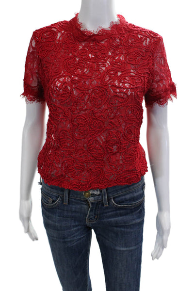 Zara Trafaluc Womens Red Floral High Neck Button Short Sleeve Blouse Size M