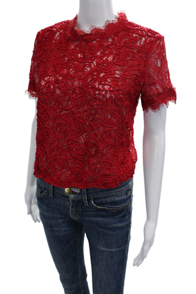 Zara Trafaluc Womens Red Floral High Neck Button Short Sleeve Blouse Size M