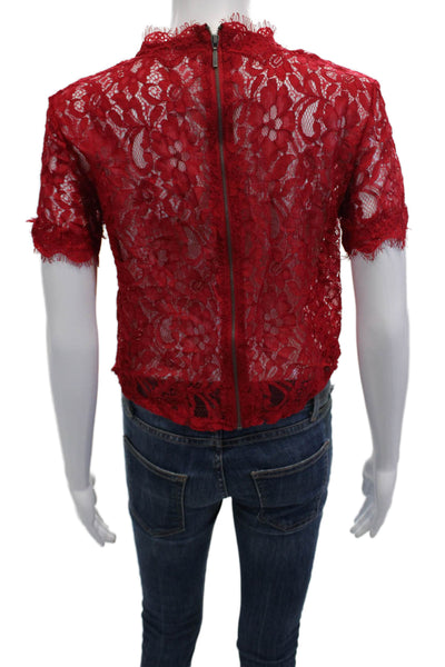Zara Trafaluc Womens Red Floral High Neck Button Short Sleeve Blouse Size M