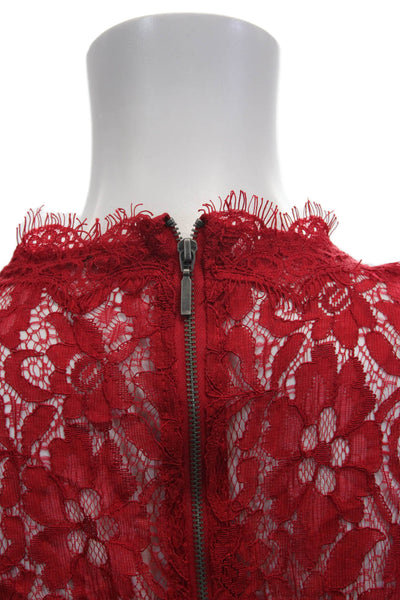 Zara Trafaluc Womens Red Floral High Neck Button Short Sleeve Blouse Size M