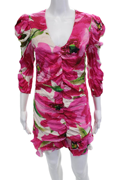 Vicolo Womens Bodycon Mini Floral V Neck Pink 3/4 Sleeve Dress Size M