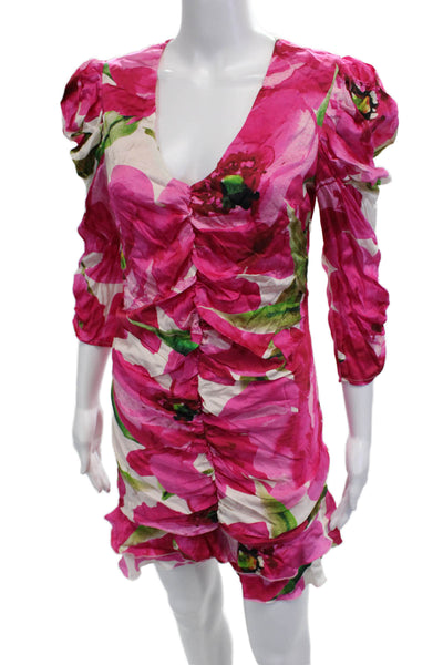 Vicolo Womens Bodycon Mini Floral V Neck Pink 3/4 Sleeve Dress Size M