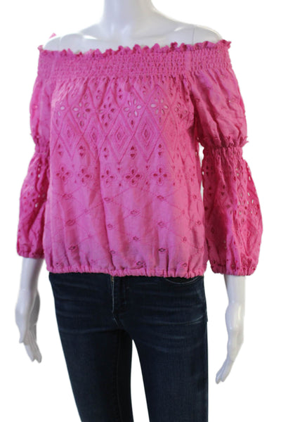 Temptation Positano Women Pink Linen Geometric Blouse 3/4 Sleeve Size S