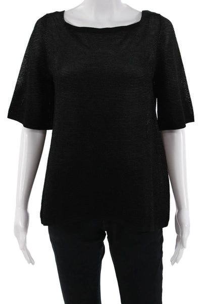 D. Exterior Women Basic Blouse Black Striped Square Neck Short Sleeve Size M