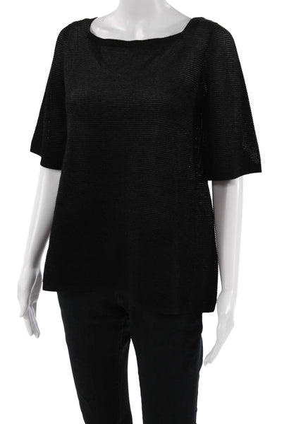 D. Exterior Women Basic Blouse Black Striped Square Neck Short Sleeve Size M