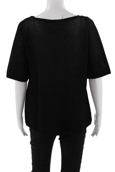 D. Exterior Women Basic Blouse Black Striped Square Neck Short Sleeve Size M