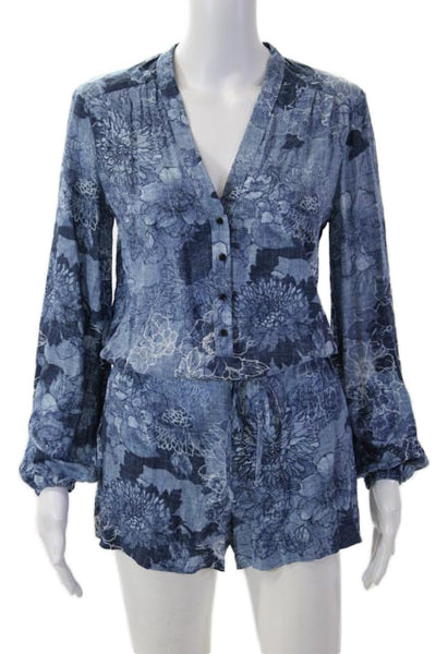 Intermix Women Blue Floral V-Neck Long Sleeve Jumpsuit 100% Viscose Size PP