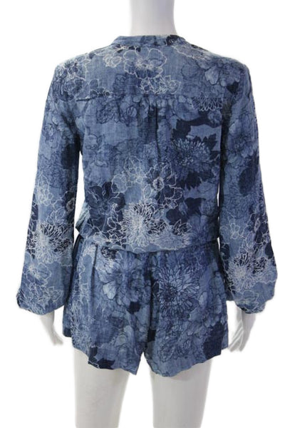 Intermix Women Blue Floral V-Neck Long Sleeve Jumpsuit 100% Viscose Size PP