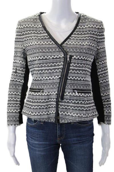 Rebecca Taylor Women Black Fair Isle Aztec Blazer Zip V-Neck Long Sleeve Size 4