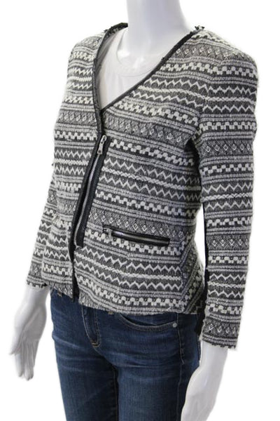 Rebecca Taylor Women Black Fair Isle Aztec Blazer Zip V-Neck Long Sleeve Size 4