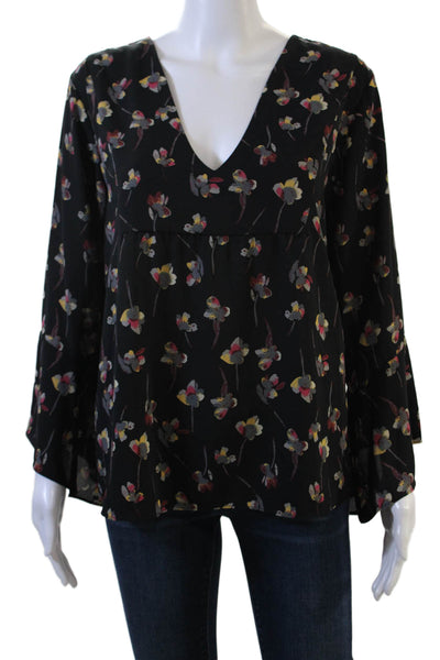 Veronica M Women Tunic Blouse Black Floral V-Neck Long Sleeve Polyester Size L