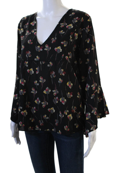 Veronica M Women Tunic Blouse Black Floral V-Neck Long Sleeve Polyester Size L