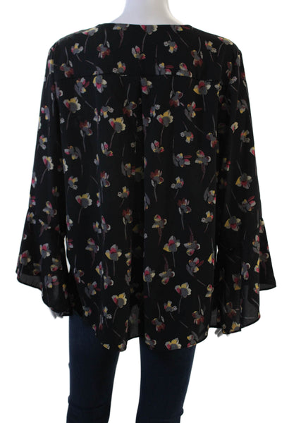 Veronica M Women Tunic Blouse Black Floral V-Neck Long Sleeve Polyester Size L