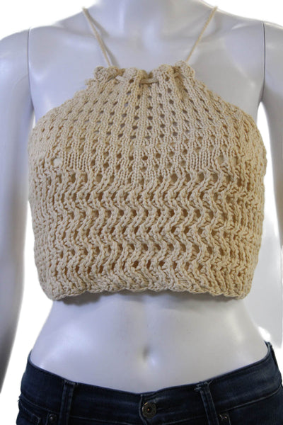 Mable Women Cropped High Neck Sleeveless Tank Beige Bohemian Size M