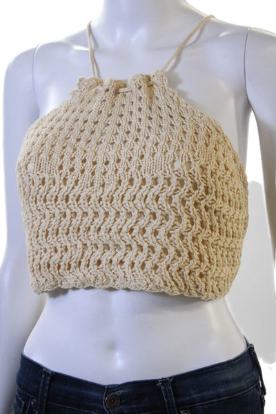 Mable Women Cropped High Neck Sleeveless Tank Beige Bohemian Size M