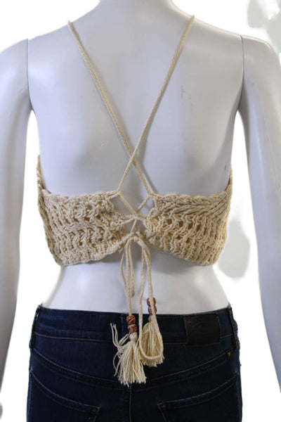 Mable Women Cropped High Neck Sleeveless Tank Beige Bohemian Size M