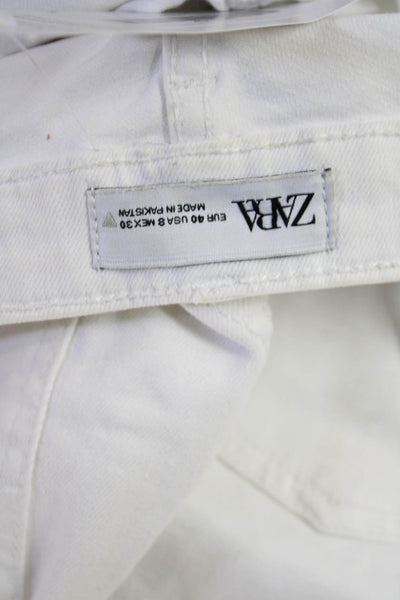 Zara Women Cropped Ankle High Waist White Cotton Pants Size 8