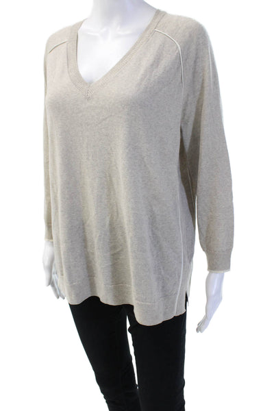 J Crew Women Pullover Sweater V-Neck 100% Merino Wool Beige Size M