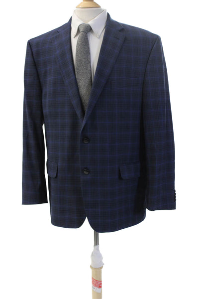 Michael Kors Mens Plaid Dark Blue Blazer Collared Button Long Sleeve Size 46