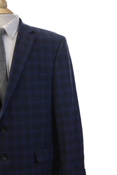 Michael Kors Mens Plaid Dark Blue Blazer Collared Button Long Sleeve Size 46