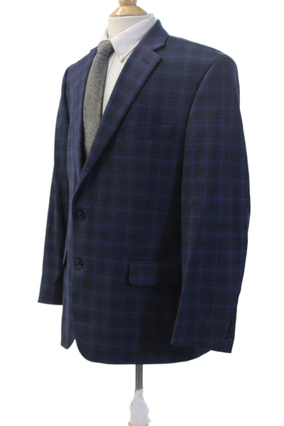 Michael Kors Mens Plaid Dark Blue Blazer Collared Button Long Sleeve Size 46