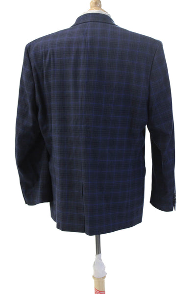 Michael Kors Mens Plaid Dark Blue Blazer Collared Button Long Sleeve Size 46