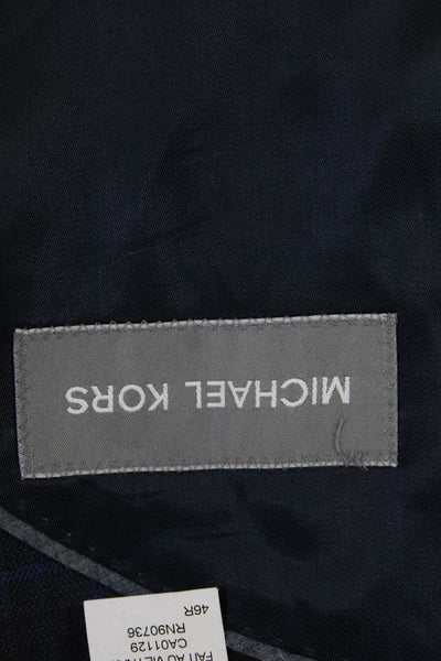 Michael Kors Mens Plaid Dark Blue Blazer Collared Button Long Sleeve Size 46