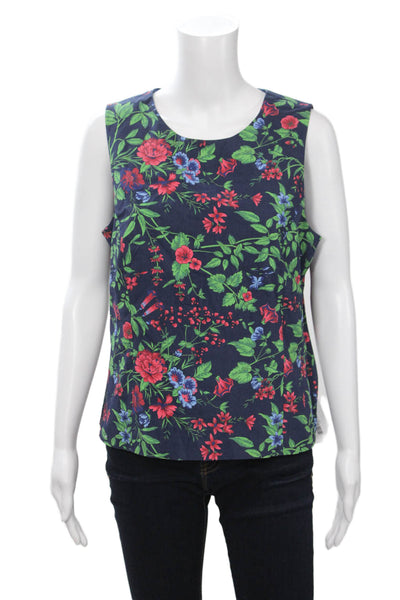 J. Mclaughlin Women Floral Round Neck Zip Tank Top Dark Blue Rayon Size 12