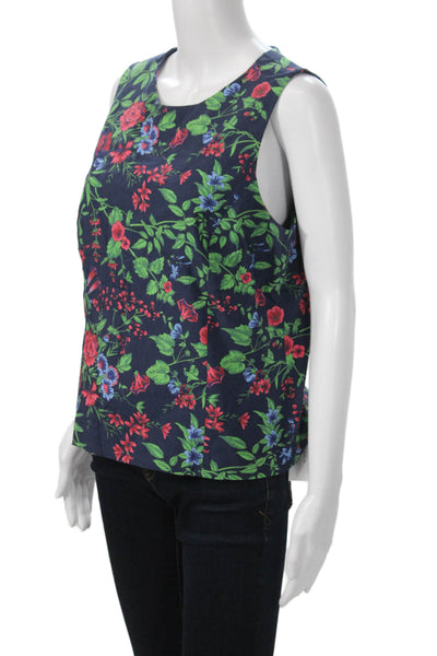 J. Mclaughlin Women Floral Round Neck Zip Tank Top Dark Blue Rayon Size 12