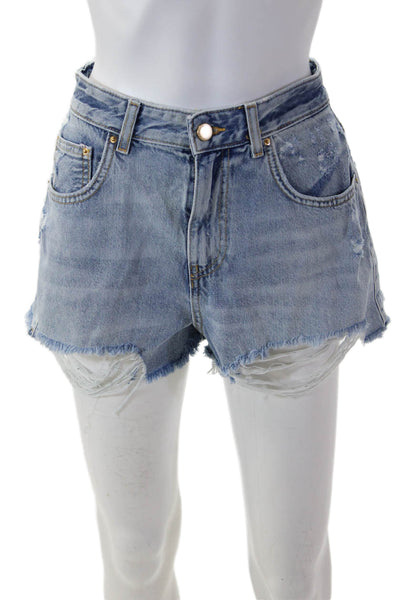 Zara Unisex Light Blue Cotton Solid Button 90s Spring Shorts Size 6