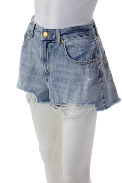 Zara Unisex Light Blue Cotton Solid Button 90s Spring Shorts Size 6