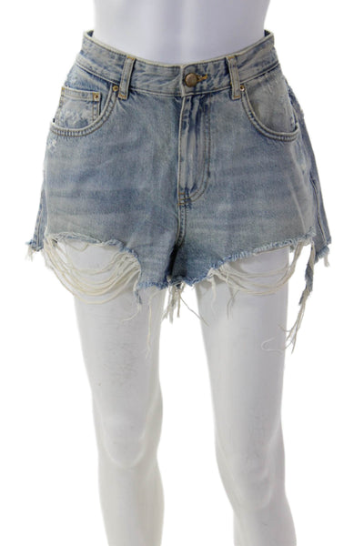 Zara Unisex Light Blue Cotton 90s Button Shorts Size 6