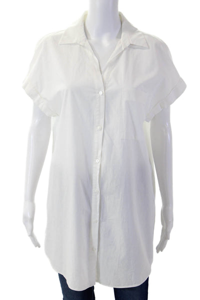 Zara Womens Basic Tunic Button Up Collared Short Sleeve White Cotton Size M