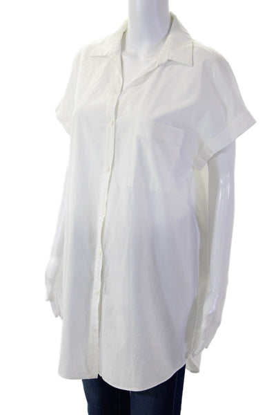 Zara Womens Basic Tunic Button Up Collared Short Sleeve White Cotton Size M