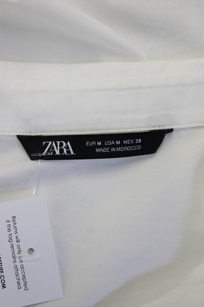 Zara Womens Basic Tunic Button Up Collared Short Sleeve White Cotton Size M