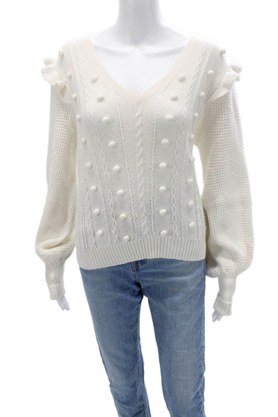 Lilly Pulitzer Women White V-Neck Pullover Sweater Long Sleeve Polka Dot Size M