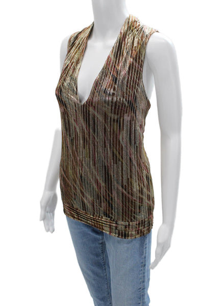 Ramy Brook Women Sleeveless Striped V Neck Tank Brown Designer Size M