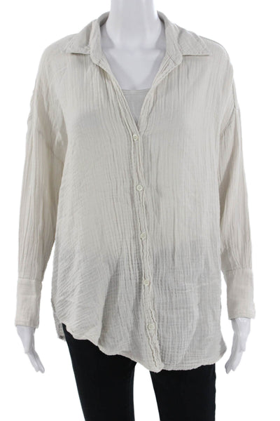 Felicite Women Basic Collared Cotton Button-Up Long Sleeve Beige Size 1