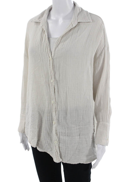 Felicite Women Basic Collared Cotton Button-Up Long Sleeve Beige Size 1