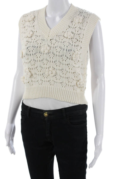 MNG Womens White Floral V-Neck Bohemian Sweater Vest Size XS