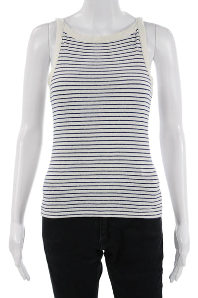 J Crew Women Basic White Striped High Neck Sleeveless Linen Blend Tank Size S