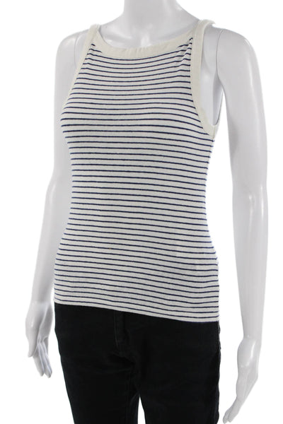 J Crew Women Basic White Striped High Neck Sleeveless Linen Blend Tank Size S