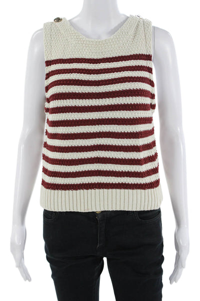 Zara Women Striped Beige Sleeveless Sweater Vest Crew Neck Size L