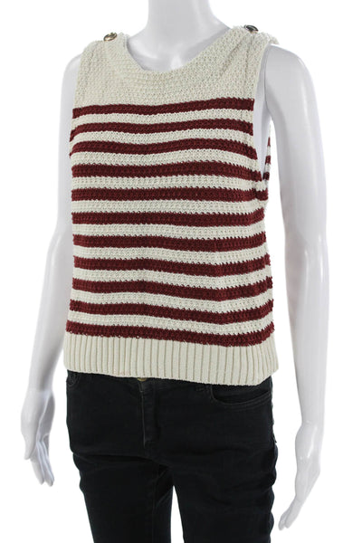 Zara Women Striped Beige Sleeveless Sweater Vest Crew Neck Size L