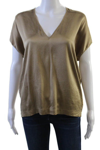 Ramy Brook Womens Beige V-Neck Short Sleeve Basic Blouse Charmeuse Size 1