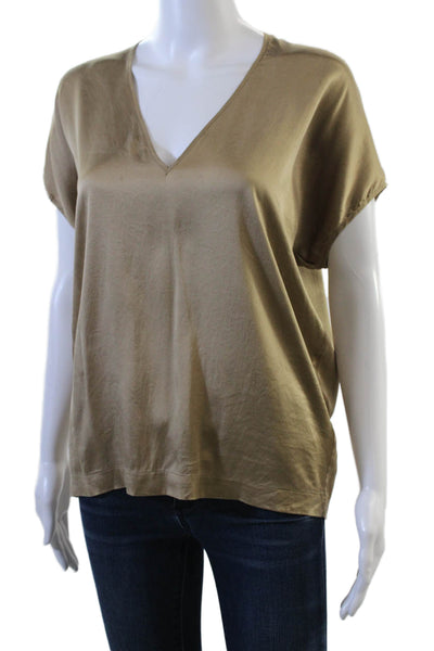 Ramy Brook Womens Beige V-Neck Short Sleeve Basic Blouse Charmeuse Size 1