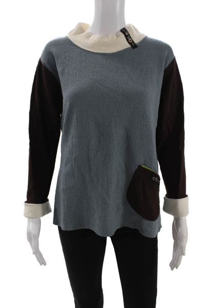 Margaret Winters Unisex Blue Pullover Sweater Button Mock Neck Cotton Size M