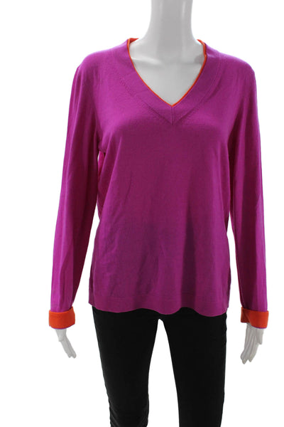 Escada Womens V Neck Virgin Wool Purple Long Sleeve Basic Sweater Size L