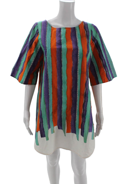 MICartsy Women Shift Dress Green Striped 3/4 Sleeve Short Size M
